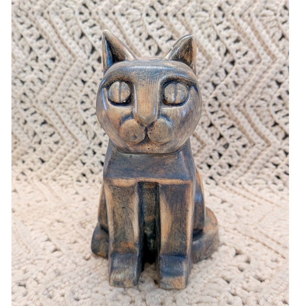 Vintage Beit Hayotser Israel Ceramic Cat Figurine MCM Wood Grain RARE 6.25in